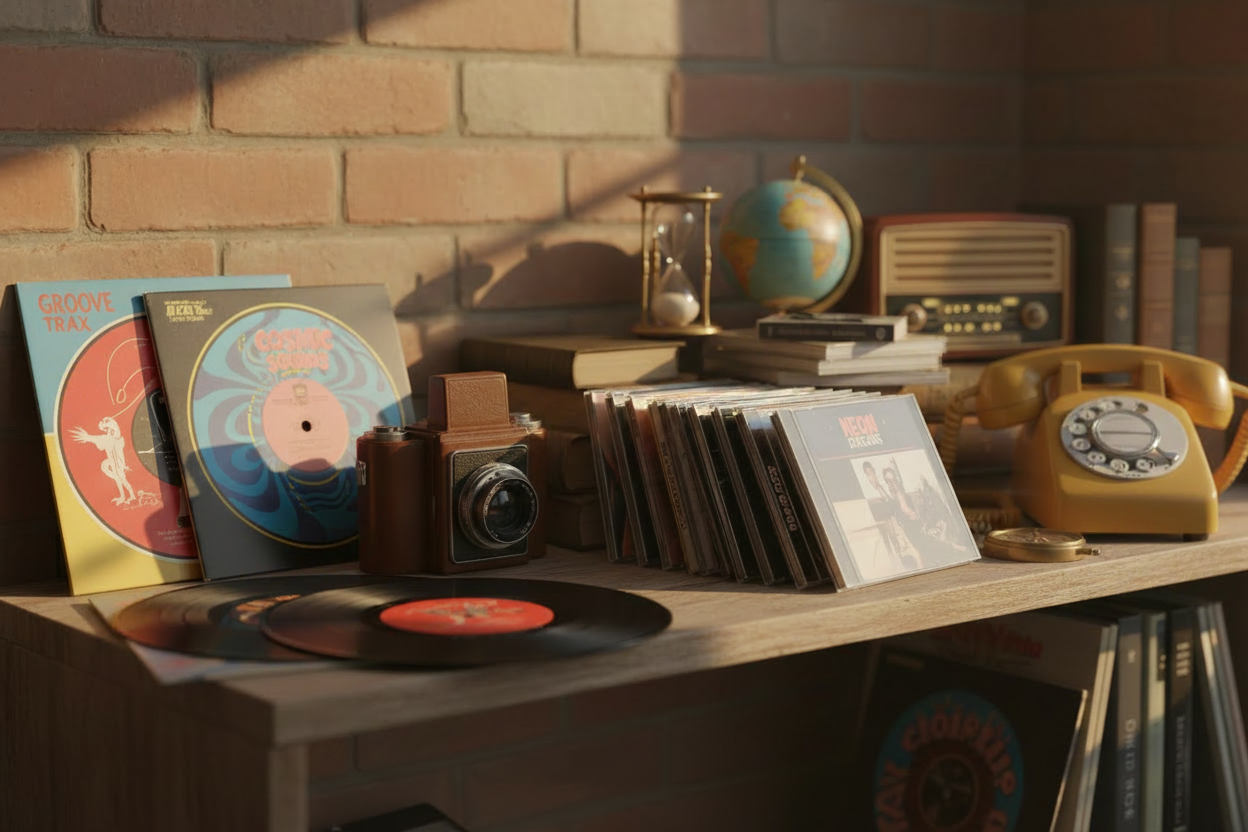 Collezione vintage con vinili, CD e oggetti d'epoca senza testo